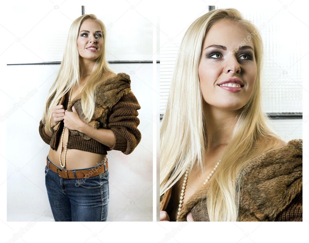 Collage - blonde girl dressed in fur coat and her portrait