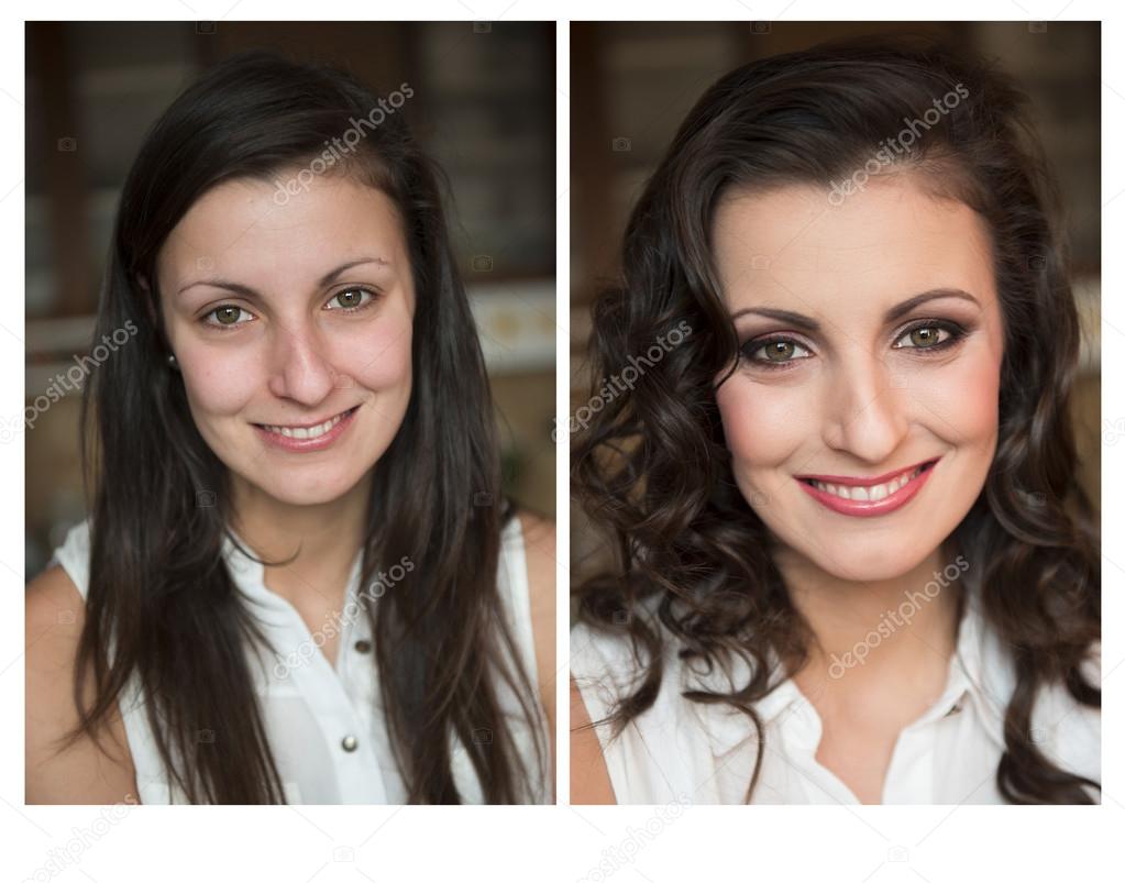 change  of woman with and without makeup