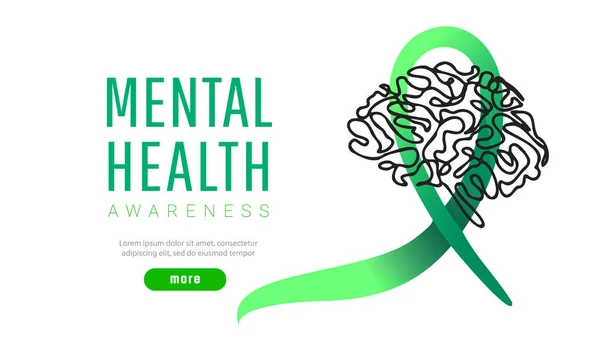 Всесвітній день психічного здоров'я концепція. Зелена стрічка обізнаності з іконою мозку лінії або формою на білому тлі — стоковий вектор