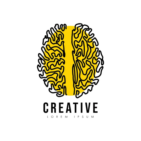 Ilustración Vectores Cerebrales Línea Creativa Con Círculo Amarillo Aislado Sobre — Vector de stock