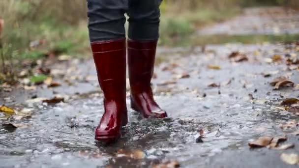 Kırmızı lastik çizmeli bir kadının yağmurdan sonra çamurlu bir su birikintisinde zıplaması. — Stok video