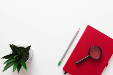 Kırmızı defterden, yeşil ekolojik bitkiden, beyaz sade minimalist arka planda fotokopi alanı olan kalemden oluşan yaratıcı bir düzen. Serbest ofis iş yeri konsepti