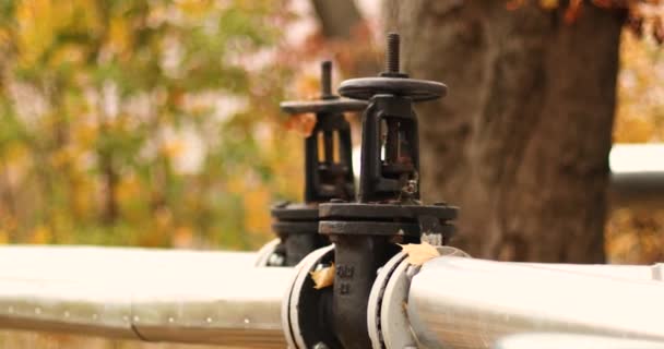 Concept d'alimentation en chauffage. Gros pipeline métallique avec robinet et soupape dans la rue à l'automne — Video
