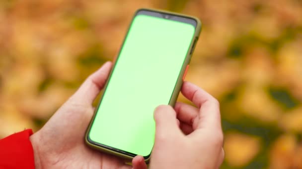 緑、クロマキーモバイル画面でスマートフォンの携帯電話を保持女性の手をモックアップします。秋の公園に座って携帯電話を使用して女の子 — ストック動画