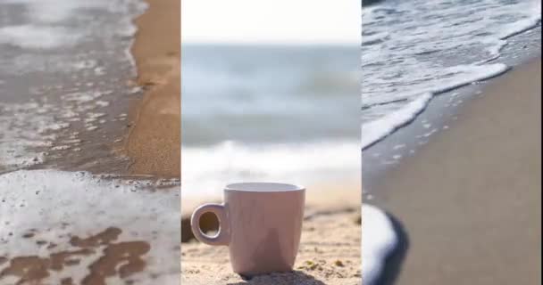 Close-up onda suave do mar na praia de areia. Xícara de café quente ou bebida de chá na areia quente em um dia ensolarado ou de manhã — Vídeo de Stock