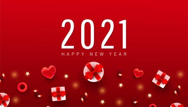 2021 Mutlu Yıllar ve Mutlu Noeller asgari afişi. Xmas hediye kutusu, gradyan kırmızı arkaplan üzerinde daireler çizen nesneler ve metin için yer. Düz yatış, üst görünüm.
