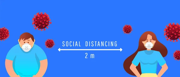 Distanța socială dintre oameni din cauza focarelor de coronavirus. Masca tip și fată la o distanță de 2 m. Ilustrație vectorială — Vector de stoc