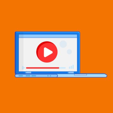 Turuncu arka planda internet üzerinden canlı video izleyen akıllı bir bilgisayarın son moda tasviri, düz yatış tarzı. Video dersleri konsepti.