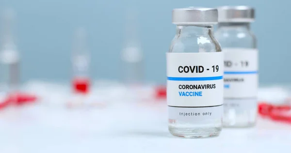Frascos Vírus Vacina Coronavirus Sars Cov Com Espaço Cópia Laboratório — Fotografia de Stock