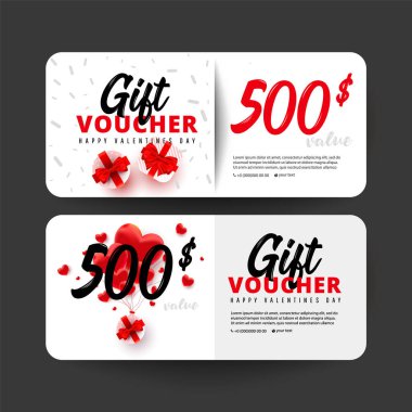 Hediye paketi, aşk şekli ve 500 dolarlık numaralarla alışveriş kartları seti. İndirimli hediye kartı kuponu. Sevgililer Günü vektör çizimin kutlu olsun.