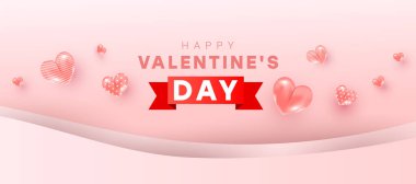 Mutlu Sevgililer Günü arka plan tasarımı. Gerçekçi 3 boyutlu, değerli aşk şekli, kırmızı hediye kurdelesi ve metin. Aşk sancaktır. Yatay minimal poster, tebrik kartı, web sitesi başlığı