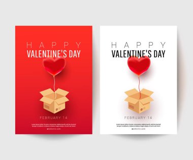 Sürpriz hediye kutusuyla ve hava kalp şeklinde balon elementiyle romantik minimal tebrik kartı. Anneler Günü, Sevgililer Günü, Doğum günü. Reklam, web, sosyal medya için tasarım şablonu.