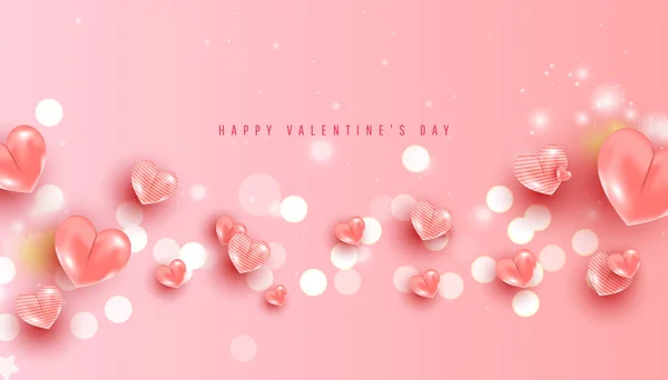 San Valentín venta banner horizontal. Globos realistas de corazón de aire rosa y confeti sobre fondo rosa. — Vector de stock