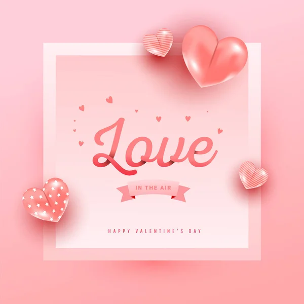 Texto de amor en estilo de papel con globos realistas en forma de corazón de aire que vuelan y marco de degradado sobre fondo rosa. Diseño de banner de vector de San Valentín. — Vector de stock