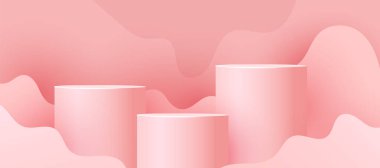Kağıt kesikli silindir podyum ve pembe arka planda gölge. Ürün sunumu için geometrik biçimlere sahip en küçük sahne