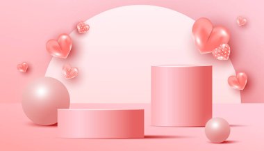 Asgari soyut sahne, podyum ya da platform, havada uçan geometrik baloncuk ve pembe arka planda aşk şekilleri. Ürün sunumu için geometrik formların olduğu en küçük sahne. Vektör illüstrasyonu
