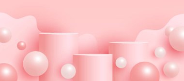 Modayı takip eden boş bir podyum ya da platform, pembe arka planda uçan baloncuk geometrik şekiller. Ürün sunumu için geometrik formların olduğu en küçük sahne. Vektör illüstrasyonu