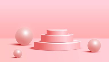 Silindir podyum, dalga şekli ve pembe arka planda hacimli baloncuk. Ürün sunumu için geometrik formların olduğu en küçük sahne. Vektör illüstrasyonu