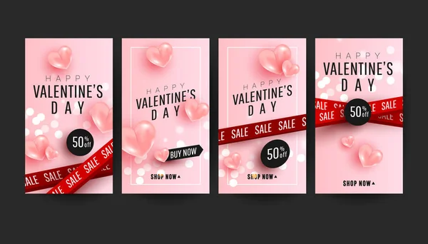 Gerçekçi Pembe Aşk Balonları Satış Kurdeleleriyle Düzenlenebilir Sevgililer Günü Afişi — Stok Vektör