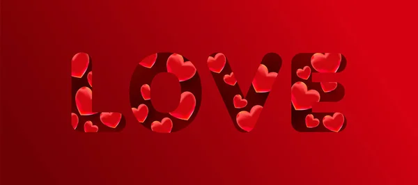 Texto Amor Con Rojo Dulce Corazón Formas Sobre Fondo Rojo — Archivo Imágenes Vectoriales
