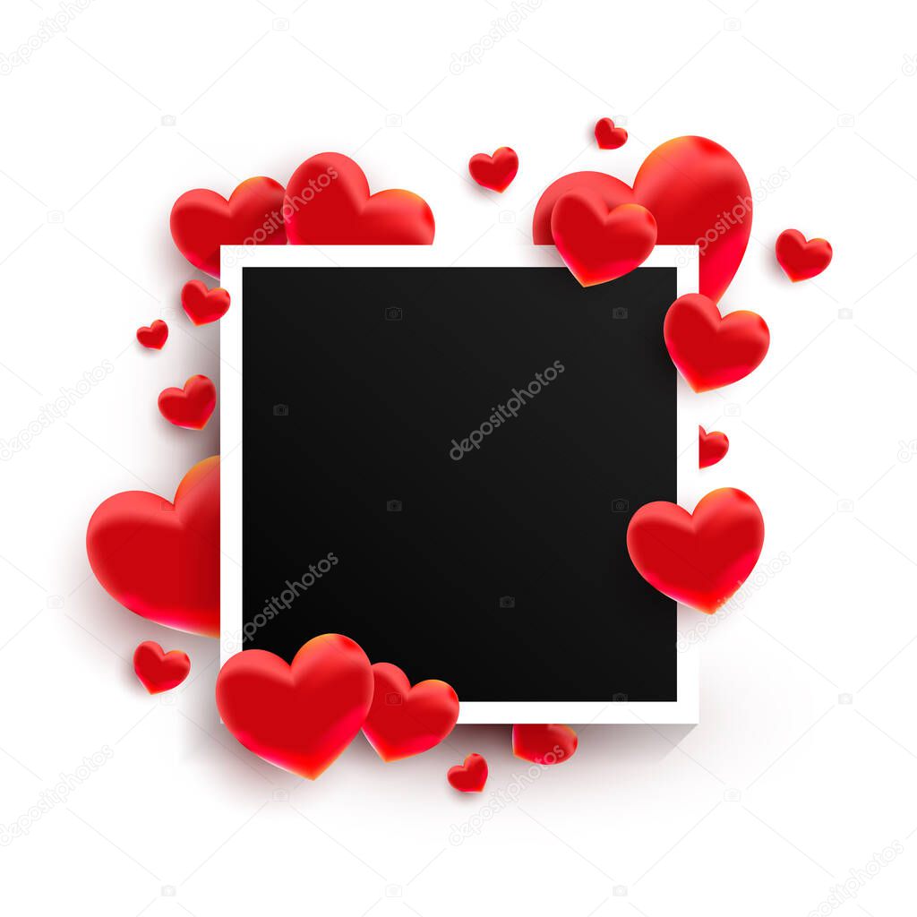 Empty black photo frame with many 3d red sweet love hearts shape on white background.
