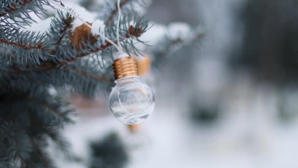 Nieve fría blanca cayendo en las ramas de los abetos. Abeto con luces mágicas navideñas de guirnaldas navideñas y nieve helada blanca — Vídeos de Stock