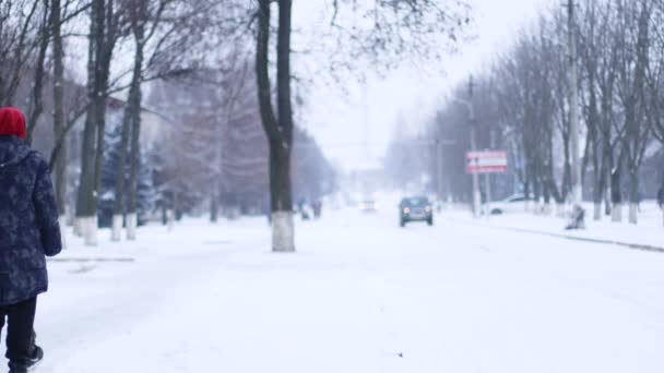 汽车在被雪覆盖的路上行驶.在一个美丽寒冷的早晨，一群成年人和孩子们在寒冷的冬季雪地公园里散步时，他们的背影都模糊不清 — 图库视频影像