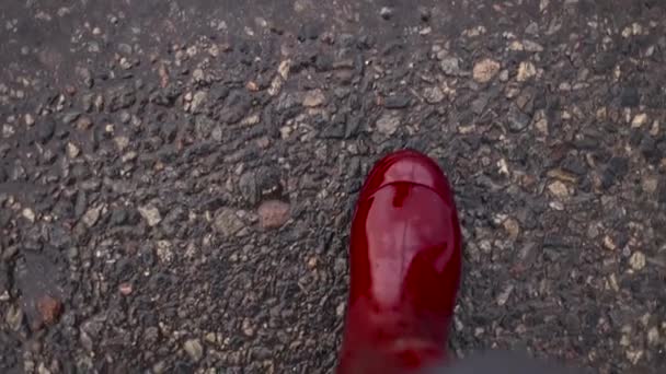 Κοντινό πλάνο της γυναίκας σε χρώμα κόκκινες μπότες καουτσούκ πηγαίνει στη λιμνούλα — Αρχείο Βίντεο
