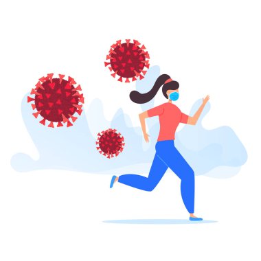Korunaklı maskeli genç bir kadın koronavirüs molekülünden kaçıyor. Covid-19 salgın konsepti. Virüs patojenleri. Vektör illüstrasyon düz tasarım.