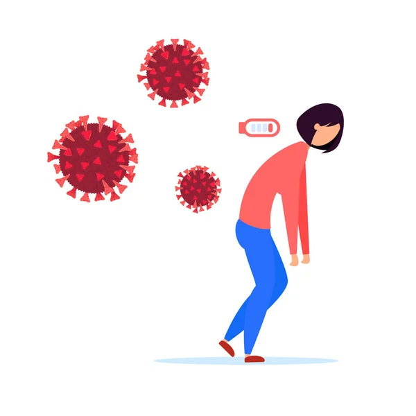 Gadis muda lelah berjalan menjauh dari virus molekul coronavirus. Vektor gambar desain datar — Stok Ilustrasi Gadis Muda Lelah Berjalan Menjauh Dari Virus Molekul Coronavirus Vektor Stok Ilustrasi