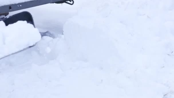 Manos de hombre con pala de nieve limpia aceras en el patio en invierno. Hora de invierno. Hombre con ropa de invierno caliente — Vídeos de Stock