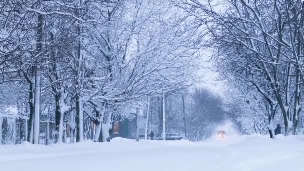 2021年1月30日，乌克兰敖德萨：外面大雪。公共汽车在雪地的路上行驶.美丽的云杉树枝撒满了白雪 — 图库视频影像