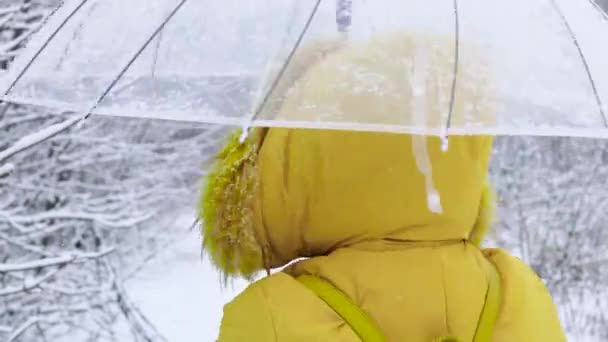 Diviértete caminando. Mujer adulta feliz en ropa de abrigo amarillo con paraguas transparente y sonrisas bajo la nieve pesada. — Vídeos de Stock