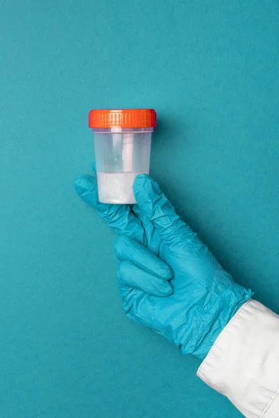 Doctor Latex Gloves Holds Plastic Container Semen Saliva Samples Blue — Stock Photo, Image