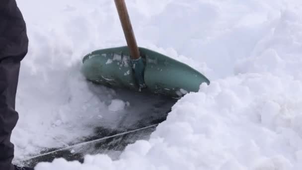 Seorang pria membersihkan salju dengan sekop setelah salju turun. Layanan kota membersihkan musim dingin — Stok Video