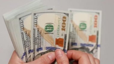 Amerikan nakit paralarını sayan bir işadamı. Elinde yeni banknotlar var. Yatırım, başarı, finansal beklentiler veya kariyer ilerlemesi kavramı.