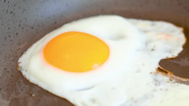 Fritar um ovo em uma frigideira em um fogão quente. Fechar — Vídeo de Stock