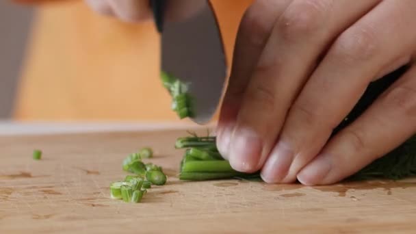 木の板にナイフで新鮮な緑の束のディルをカット — ストック動画
