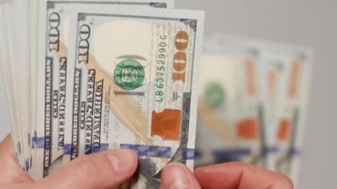 Nakit parayla mali operasyonlar, kolay ve kirli para. Yakın plan iş adamı Amerikan paralarını sayıyor..