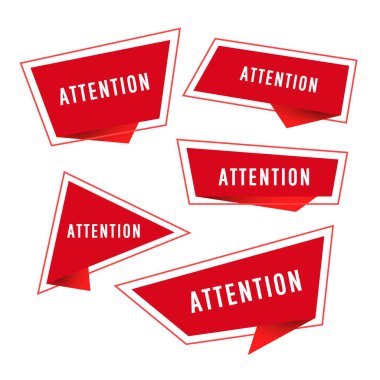 Kırmızı renkli origami etiketleri beyaz arkaplanda düz bir dizayn ile dikkat metni şablonu. Vektör illüstrasyonu.