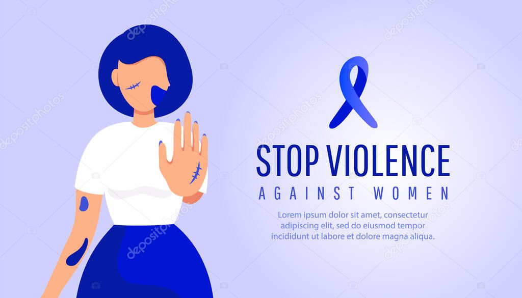 Stop violence against women awareness of young girl with bruises and abrasions and text