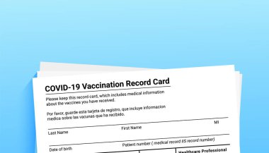 Mavi arka planda Coronavirus aşı kayıt kartı. Seyahat ve sınır tanımayan hareketler için kopyalama alanı var. Coronavirus covid 19 salgını sırasında aşı formu.