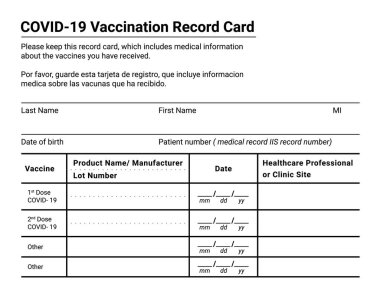 Coronavirus aşı kayıt kartı beyaz zemin üzerinde seyahat ve sınır tanımayan hareketler için kopyalama alanı var. Coronavirus covid 19 salgını sırasında aşı formu.
