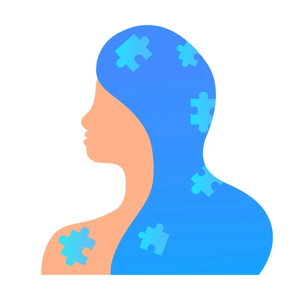 Concetto di salute mentale. Silhouette femminile con pezzi di puzzle isolati su sfondo bianco — Vettoriale Stock
