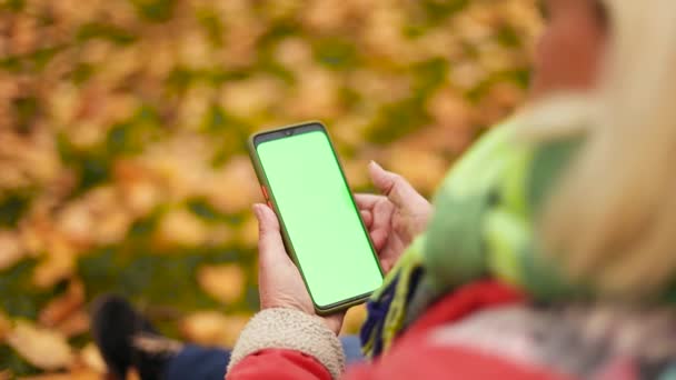 Молода жінка сидить на траві з опалим листям і використовує смартфон із зеленим екраном. Блондинка сидить на траві в парку біля опалого листя — стокове відео