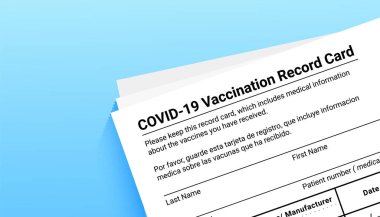 Mavi arka planda Coronavirus aşı kayıt kartı. Seyahat ve sınır tanımayan hareketler için kopyalama alanı var. Coronavirus covid 19 salgını sırasında aşı formu.