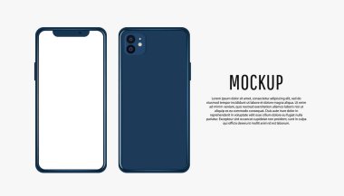 Odessa Ukrayna - Ocak 12021: Düzenlenebilir gerçekçi model mavi iPhone 12 profesyonel akıllı telefon tasarımı ve görsel ui uygulaması tanıtımı için beyaz ekran. Vektör düzenleme seti