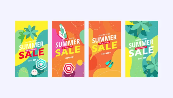 Editable Sale Summer Banner Story Template Pack Beach Accessories Green — Stock Vector