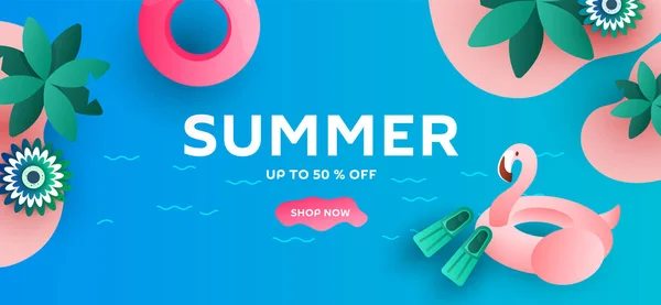 Sommar försäljning banner layout mall design med flamingo och blad. — Stock vektor