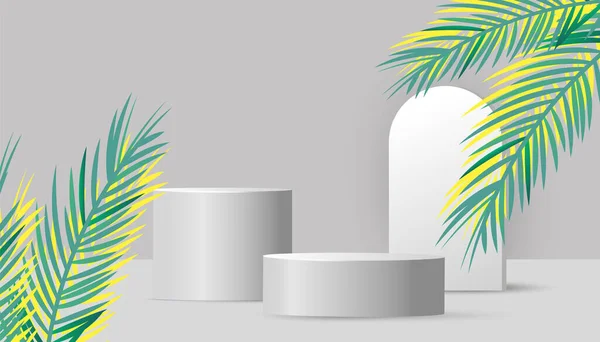 Podio de producto cosmético, presentación de marca y embalaje con hojas de palma tropical verde, onda suave Vector ilustración — Archivo Imágenes Vectoriales